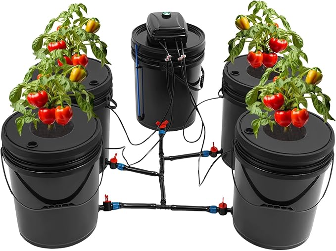 DWC Hydroponics Growing System Kit 5 Gallon 4 Buckets Recirculating Deep Water Culture and Top Drip Hydroponic System with Air Pump Air Stone for Indoor Outdoor Leafy Vegetables