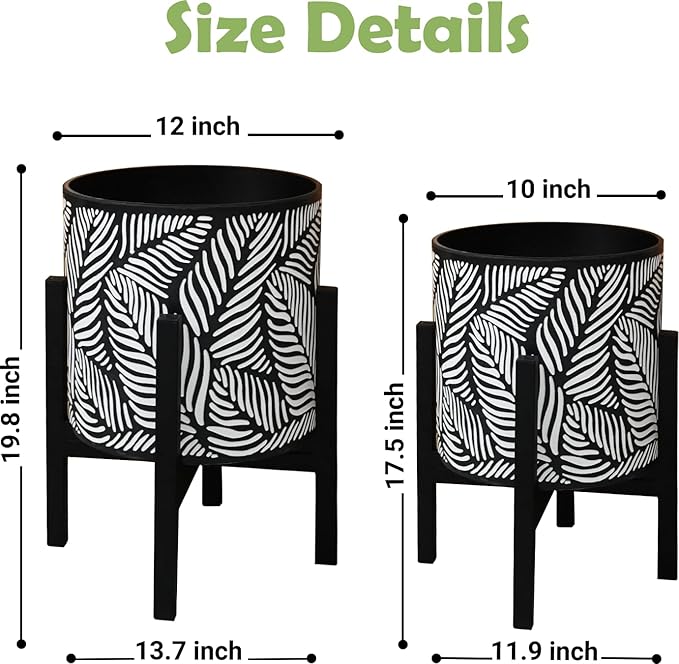10 &amp 12 Inches Plant Pot with Stand Set of 2 Decorative Palm Leaves Printing Planter with Holder Garden Pot for Snake Plant Monstera Houseplants - Indoor Outdoor Flower Pots with Drainage Hole