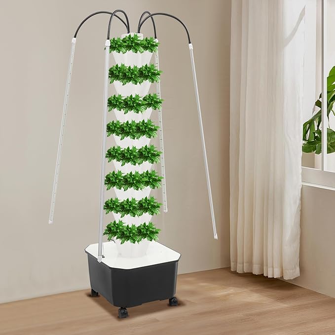 Hydroponic Growing System Kit 40 Plants 5-Layer Vertical Hydroponic Tower with LED Light Vertical Hydroponics Garden Tower with Pump &amp Water Level Gauge for Herbs Vegetables Fruits (White)