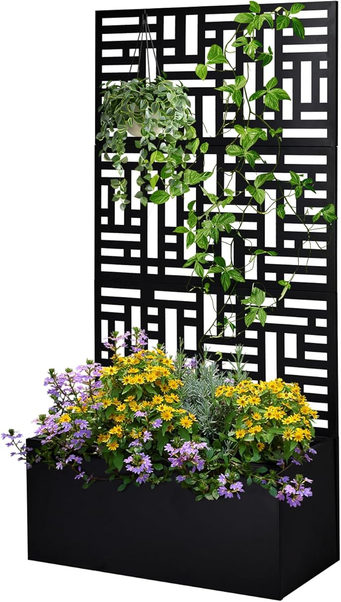 48 Outdoor Garden Flower Standing Planter BoxMetal Planter Raised Garden Trellis BedIndoor Outdoor Flower BedVertical Flower Pot Standwith Drainage Holesfor Patio Porch Yard Balcony (Black)