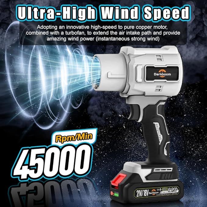 Handheld Leaf Blower Cordless with 45000RPM Turbo Blower 2pcs 21V 2.0Ah PRO Batteries an Adapter Charger and Two Types of air ducts