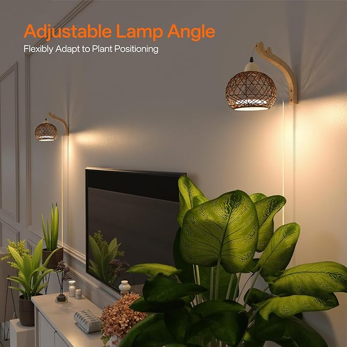 Bstrip Hanging Grow Lights for Indoor Plants 18W Full Spectrum Plant Light Boho Rattan Lantern Shade 3800K Wall-Mounted Decorative Grow Light with 9.8FT Power Cord for Indoor Plant Growing Flowers