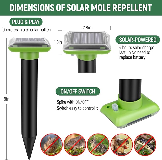 Mole Repellent Solar Powered2025 Upgraded Vole Repellent Ultrasonic Solar PoweredMole Repeller Outdoor for Lawns Garden YardGopher Trap Killer for GopherSquirrel(6 Pack)