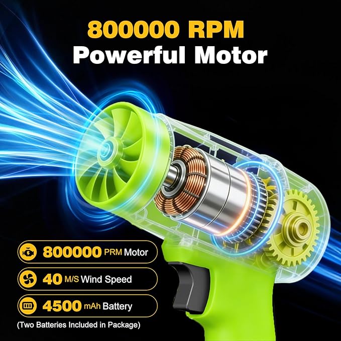 Electric Leaf Blower Handheld Car Vacuum Cleaner Wind Speed Cordless Battery Blower with 2 Rechargeable Batteries and Charger Powered Handheld Blower Leaf for Yard Leaf &amp Snow Removal(Lime)