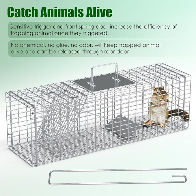 Live Animal Trap Cage 27 Heavy-Duty Folding Catch and Release Steel Humane Cat Trap for Racoons Stray Cats Rabbits Beavers Hedgehogs Chipmunk Small Wildlife Control
