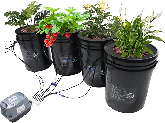 DWC Hydroponics Growing System 5-Gallon Deep Water Culture Recirculating Drip Garden System with Multi-Purpose Air Hose Air Pump and Air Stone (4 Bucket + Reservoir Kit)