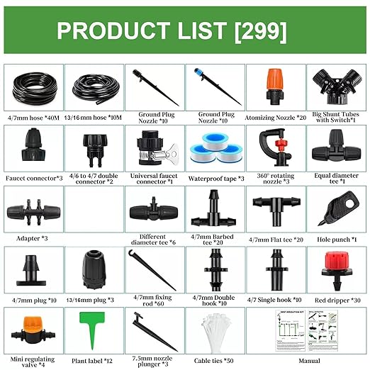 Drip Irrigation System Kit for Garden: 299CPS Automatic Drip Irrigation Kits Greenhouse Plant Watering System with 5 Kinds of Sprayers1/4 inch 1/2 inch Irrigation Tubing Hose for Raised Bed