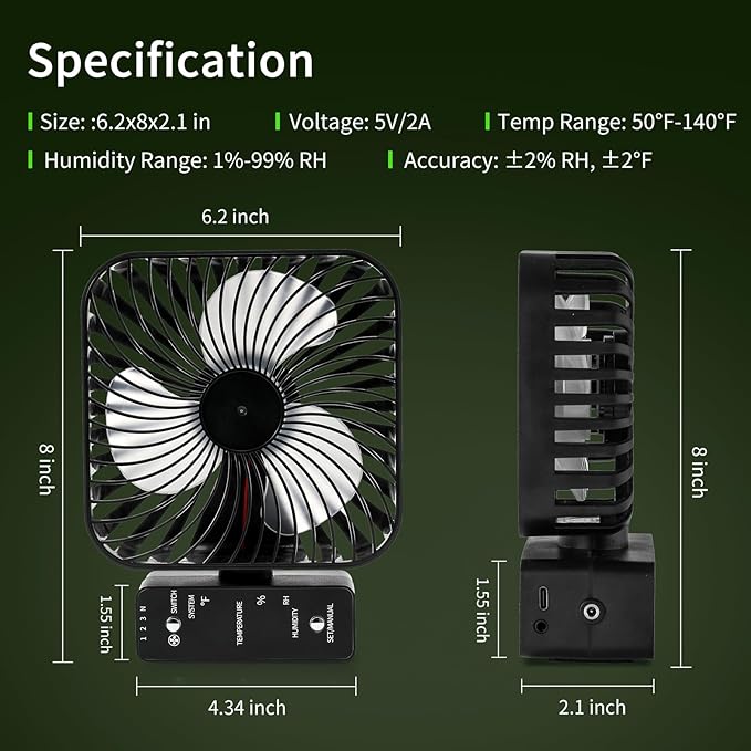Grow Tent Fan 6” LCD Display with Sensor Adjustable Temp &amp Humidity Control 4-Speed 90° Oscillating Fan Strong Airflow for Indoor Growing Mushroom Box Desk Use