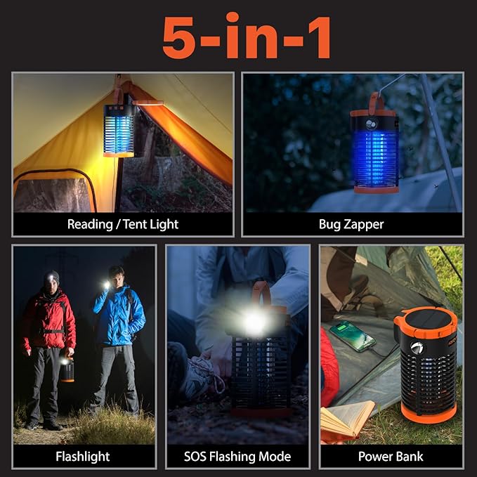 FosPower Bug Zapper Outdoor &amp Indoor (5-in-1) 3300V Mosquito Zapper with 29600mWh Power Bank Rechargeable USB/Solar Charging Flashlight Reading Light SOS Signal for Patio Camping Essentials