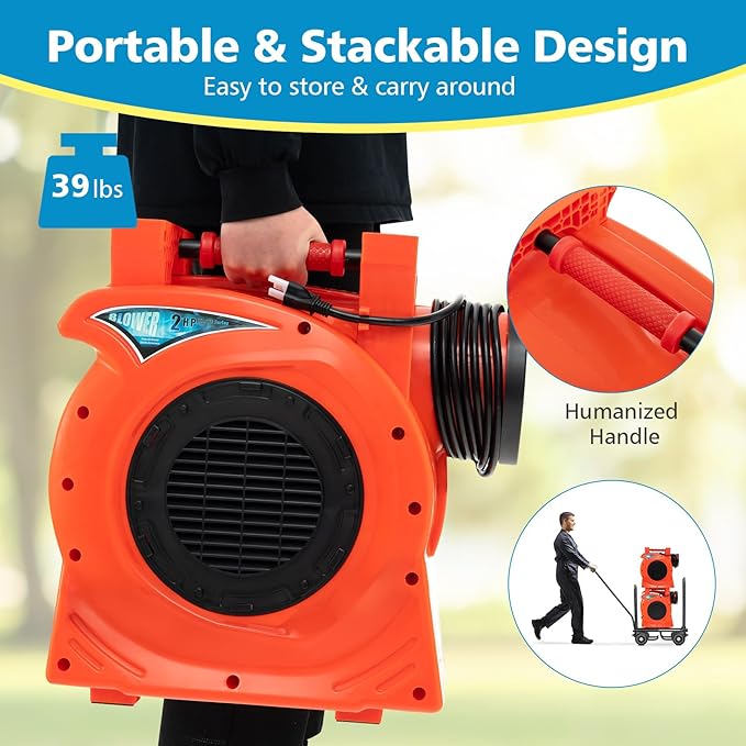 HONEY JOY Commercial Air Blower 2HP/1500W High Power Bounce House Blower Integrated Handle Air Blower for Large Outdoor Inflatables Air Sofas Electric Pump Fan for Bouncy Castle (2HP/1500W)