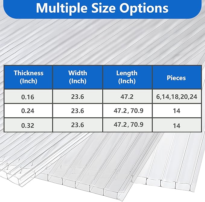 DGSL 14 Pcs Polycarbonate Greenhouse Panels 6' x 2' x 0.32'' Twin-Wall Panels Polycarbonate Sheet for All Weather Outdoor Garden and Greenhouse Covering