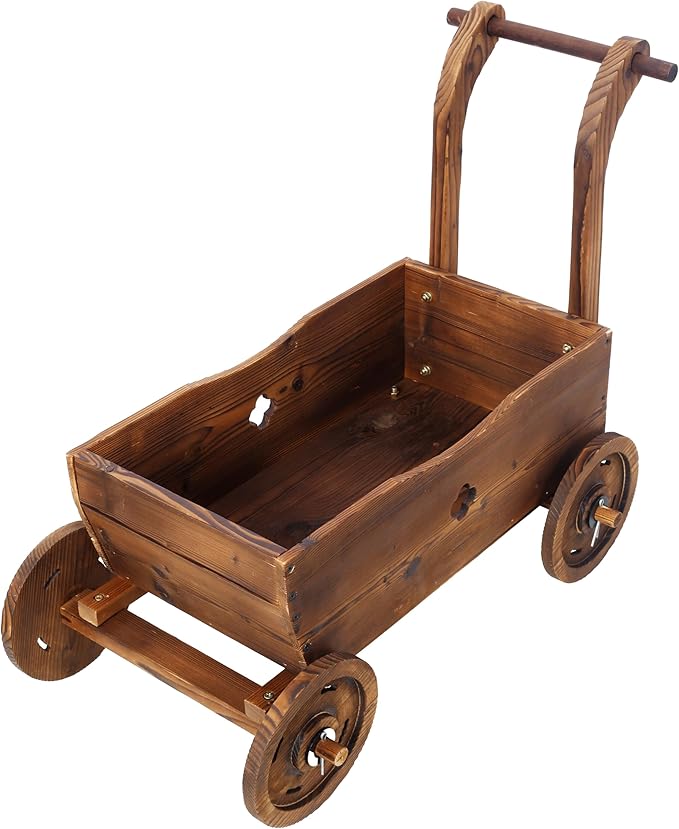Wooden Wagon Planter Box Mobile Garden Planter with 4 Wheels Handle Drain Hole Decorative Flower Planter for Indoor Outdoor Decor Wooden Flower Cart for Patio Garden Balcony Brown