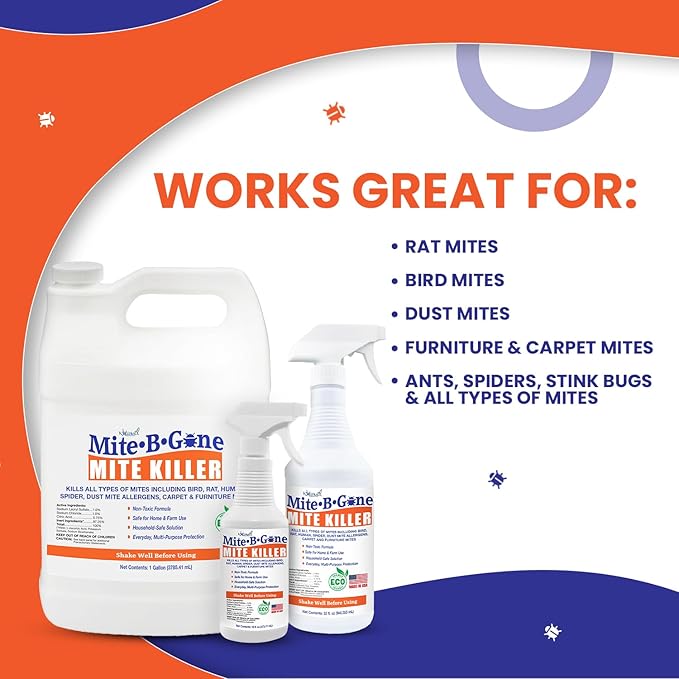 Mite Killer Spray by Mite-B-Gone - 32oz | Plant-Based Treatment for Human Dust Chicken Bird Carpet &amp Rat Mites in Homes Furniture &amp Bedding | Farm Family &amp Pet Safe