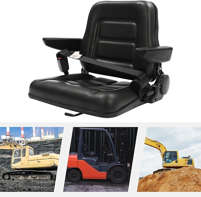 Universal Forklift Seat Forklift Seat with Automatic Safety Belt &amp Armrests Foldable Lawn Mower Seat with Pre-Drilled Holes for Garden Excavator Bulldozer Trencher (D)