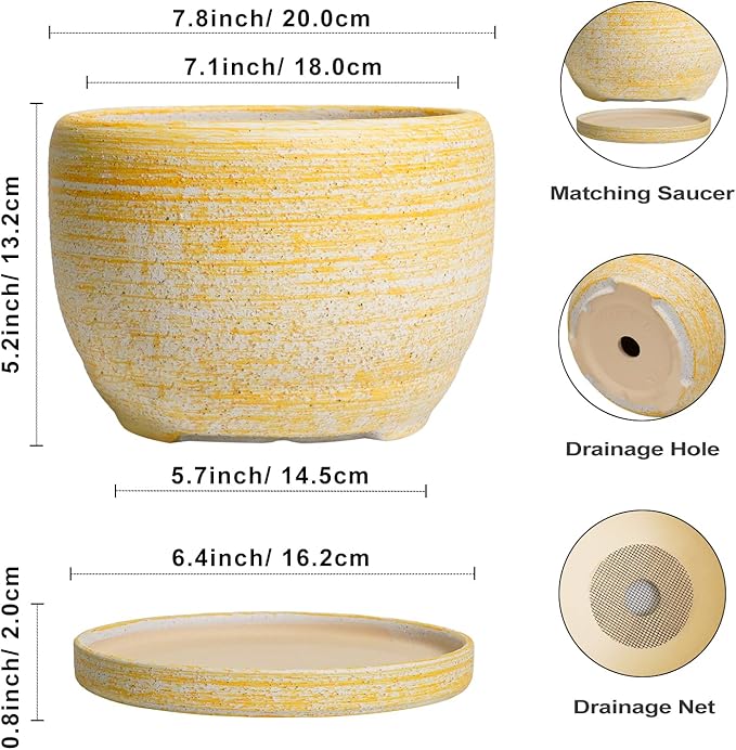 SQOWL Ceramic Flower Pots - 8 inch Plant Pot Indoor with Drainage Hole and Saucer Modern Ceramic Planter Outdoor Round Decorative Planter Living Room Home Decor Gifts for Plant Lovers Yellow