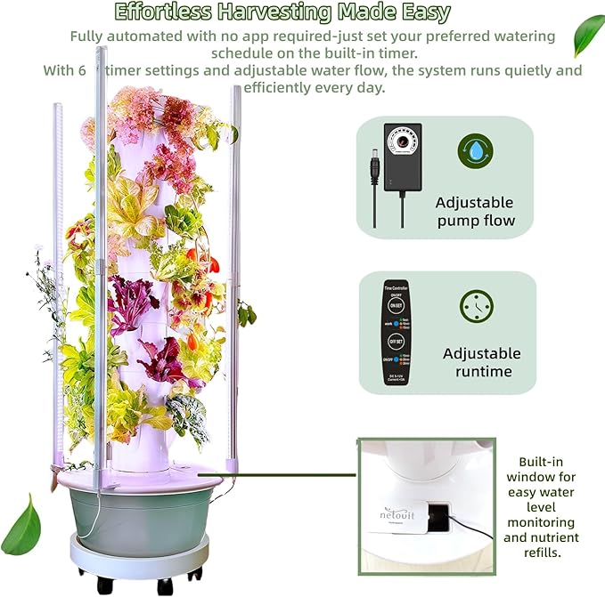 Hydroponics Growing System Kit with LED Grow Lights8-Layer Vertical Garden Tower 32 Pods Large Planting Sites 8 Gallon Indoor Growing System for Vegetables Herbs &amp Tomatoes Pump&ampDual Time