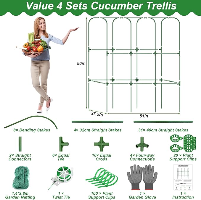 Cucumber Trellis for Raised Bed 51 x 50 Inch U-Shape Garden Trellis for Climbing Plants Outdoors Metal Garden Cucumbers Arch Trellis Cucumber Plant Support for Tomato Pea Zucchini Vine Flower