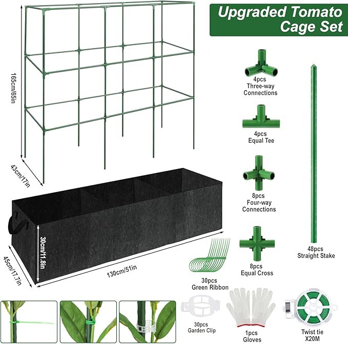 Cucumber Trellis with 46 Gallon Grows Bag 51x17x65Inch Squar Outdoor Indoor Greenhouse Tomato Cage Garden Trellis with Plant Support Clips for Climbing Plants Squash Vegetables Pumpkin Pea Grape