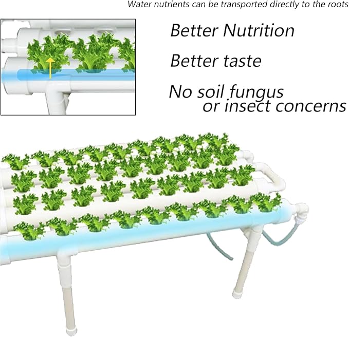 INTBUYING Hydroponics Growing System 36 Holes 4 Pipes 1 Layer Plant Site Grow Kit Hydroponic Gardening System Horizontal with Water Pump Nest Basket Sponge for Leafy Vegetables