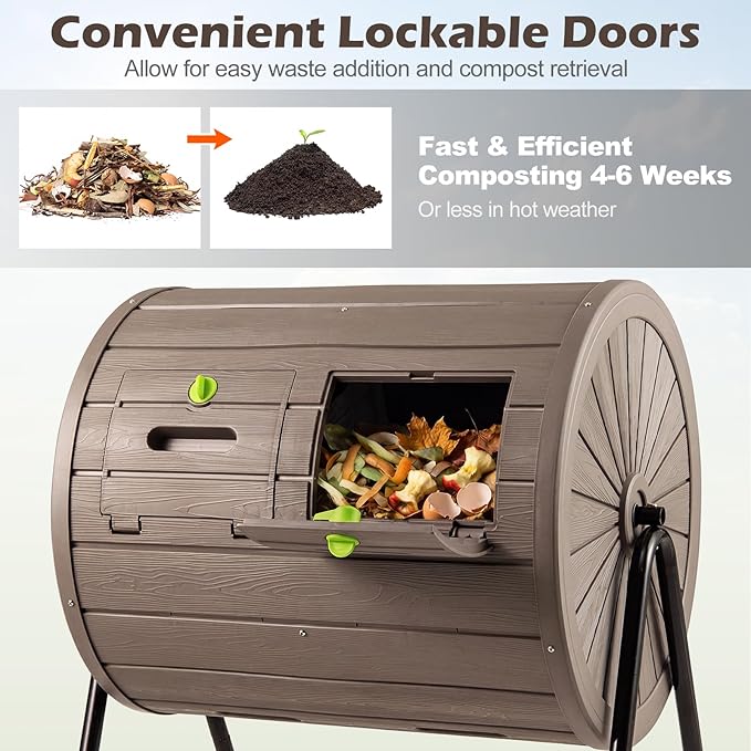 Goplus Compost Tumbler 37.5 Gallon Large Outdoor Compost Bin w/Dual Chambers 2 Lockable Doors Efficient 360° Rotating Batch Composter for Garden Yard Farm Waste Easy Assembly BPA-Free (Coffee)