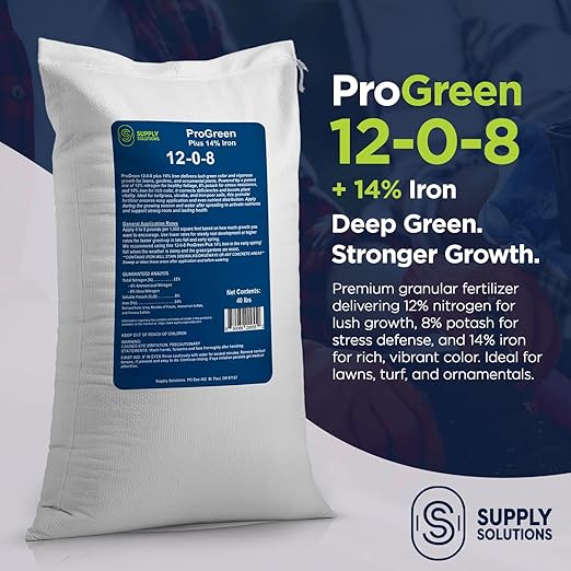 Supply Solutions | ProGreen 12-0-8 Plus 14% Iron | Granular Lawn and Garden Fertilizer - Plant Food Support for Deep Green Color and Stronger Roots - Perfect Spring Boost for Lawns (40 Pounds)
