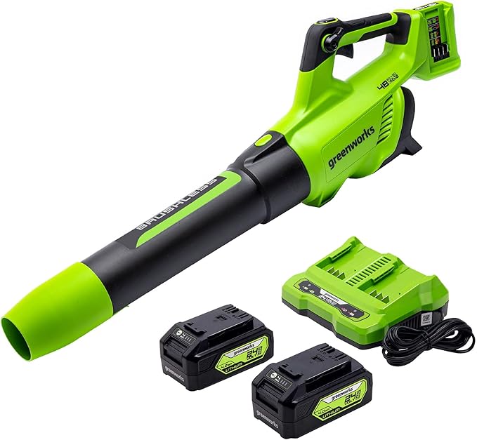 Greenworks 48V (24V x 2) Cordless Brushless Axial Leaf Blower (140 MPH / 585 CFM / 200+ Compatible Tools) (2) 4.0Ah Batteries and Dual Port Rapid Charger Included