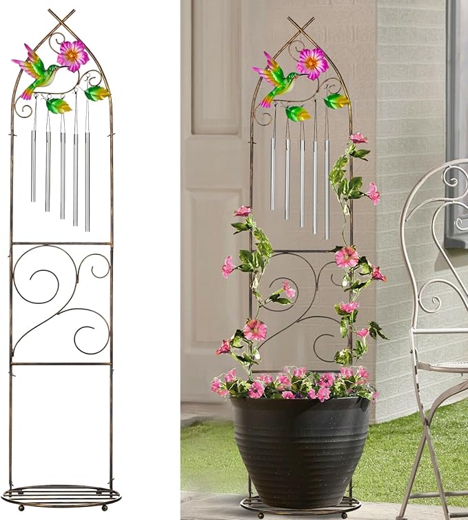 Garden Trellis with Plant Stands 48” Metal Detachable Hummingbird Plant Pot Trellis with Wind Chimes for Climbing Plants Outdoor Lawn Patio Porches Decor
