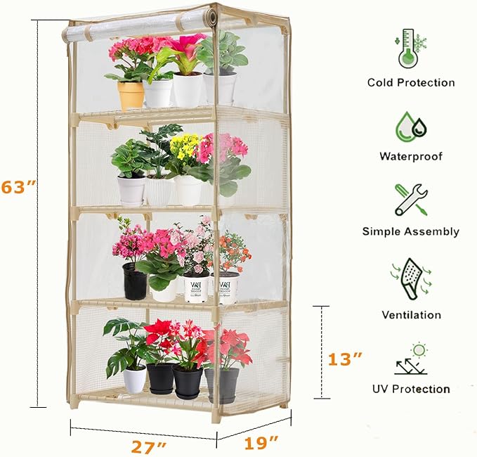 Mini Greenhouse for Indoor Outdoor Small Plastic Plant Green House 4-Tier Rack Stand Portable Greenhouses with Durable PVC Cover for Seedling 2.5x1.6x5.2 FT