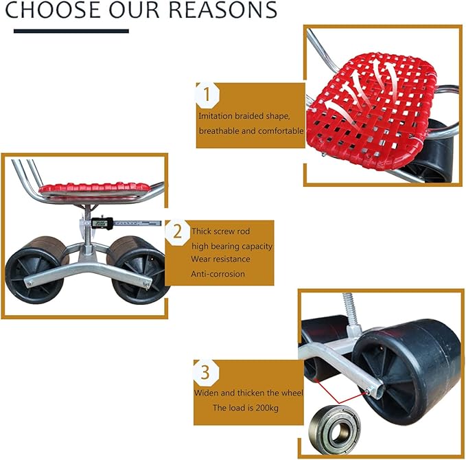 Rotatable Garden Cart Rolling Work Seat Garden Cart Swivel Seat Stool Agricultural Picking Chair for Outdoors Lawns and Yards(RedTwo Wheels)