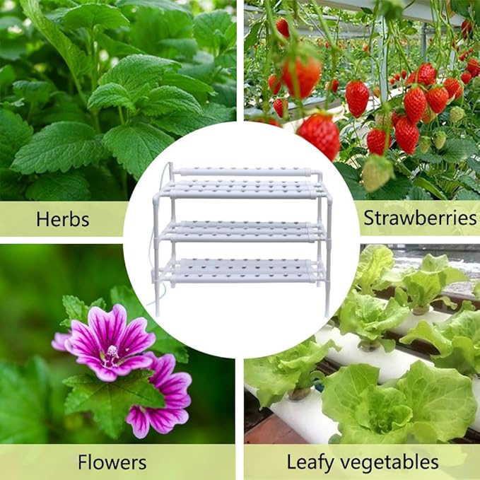 INTBUYING Hydroponics Growing System 90 Holes10 Pipes 3 Layers Plant Site Grow Kit Food-Grade PVC-U Pipes Hydroponic Gardending System with Water Pump Nest Basket and Sponge
