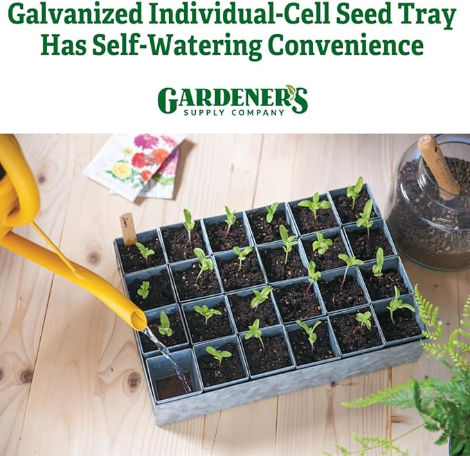 Gardener's Supply Company Self-Watering Galvanized Steel Seed Starting Tray 24 Cell | Leak-Proof Wire Grid with Moisture-Retaining Mat | Tapered Pots for Easy to Remove Seedlings