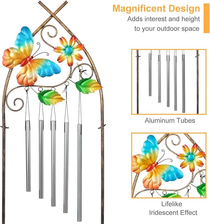 Garden Trellis with Plant Stands 48” Metal Detachable Butterfly Plant Pot Trellis with Wind Chimes for Climbing Plants Outdoor Lawn Patio Porches Decor
