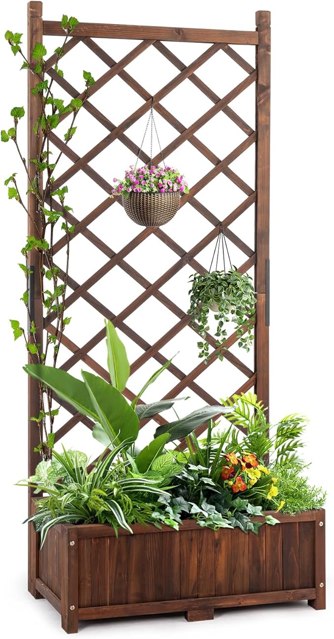 Wood Planter Raised Garden Bed with Trellis 67 Inch Tall Outdoor Garden Flower Standing Planter Box Privacy Screen Lattice Panels