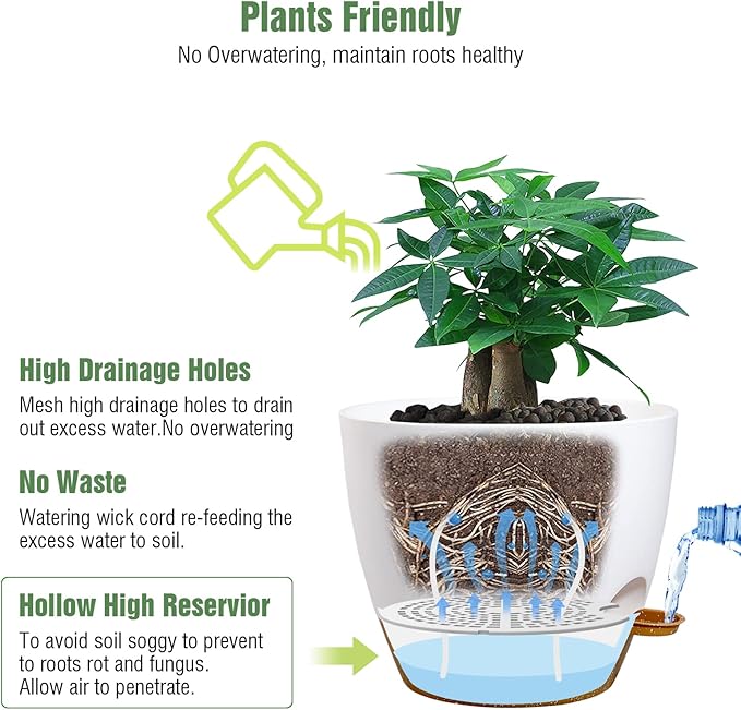 12 inch Large Self Watering Pots Plastic Planters with 60oZ Removable Deep Reservoir and Multi Mesh Drainage Holes for Indoor Outdoor Garden Plants and Flowers White with Brown