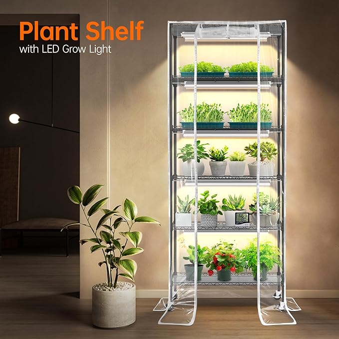 Bstrip Indoor Greenhouse with Grow Light DIY Plant Shelf with Cover 6 Tier Plant Stand 5 Pack 150W Full Spectrum Grow Lights with 3 Color Mode For Indoor Plants Seed Starting 29.5L×13.8W×71H