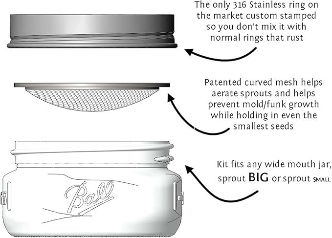 Deluxe Sprouting Jar Lid Kit With Seeds | Includes Half Gallon Jar 316 Stainless Sprouting Ring With Mesh Strainer Sprouting Stand And Handy Pantry Sprouting Seeds