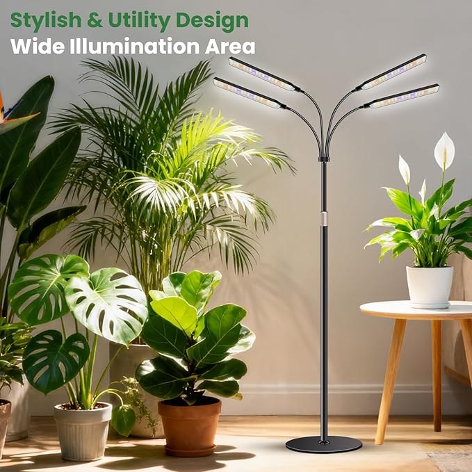 Grow Lights for Indoor Plants with Stand 4-Heads Full Specturm Plant Grow Light with 4/8/12/16H Timer 3 Color Modes 360° Flexible Gooseneck 24-68.7in Hight Adjustable Grow Lamp Black