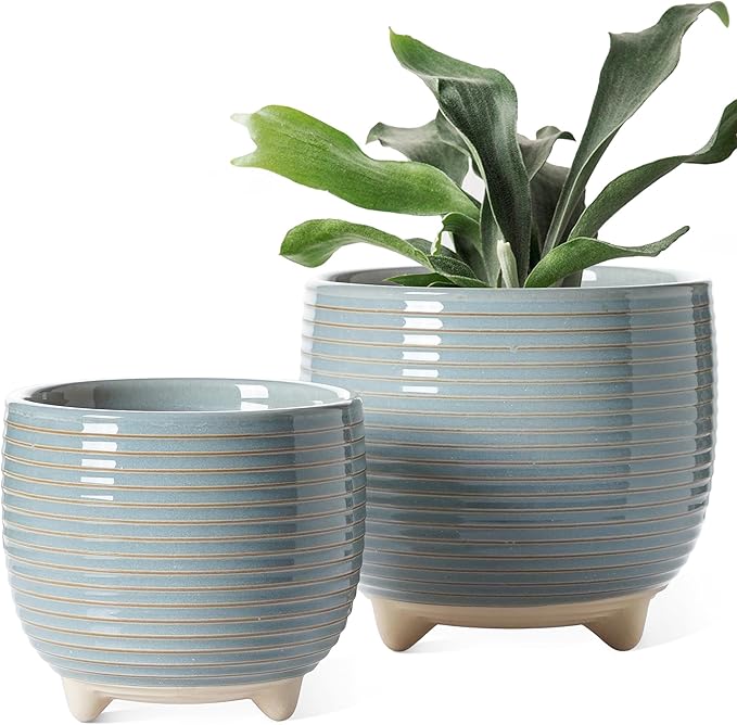 LE TAUCI Ceramic Plant Pots 5.1 + 6.4 Inch Footed Pots for Plants Modern Flower Pots for Home and Office Indoor Planters with Drainage Reactive Glaze Gray