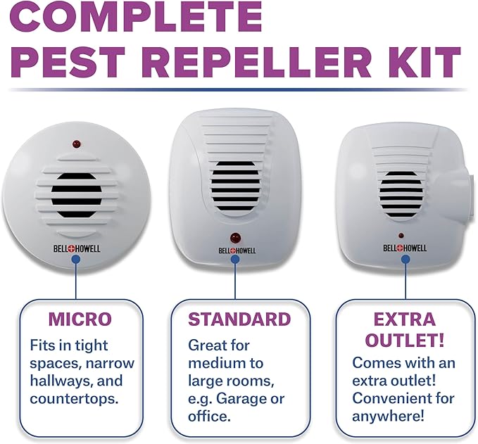 The Bell and Howell Ultrasonic Pest Repeller plug in device Complete Kit 6 Pack Effectively Aids to repel mice bugs Rats Rodents Mosquitos roaches Spiders and Ants Chemical odor and sound free