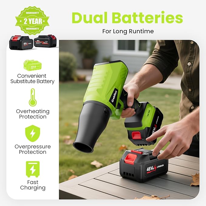 Leaf Blower Cordless 48 V Dual Batteries 30000 RPM Turbo Jet Blower with Extended Nozzles Premium Lightweight Handheld Set for Lawn Care Leaf/Car/Snow/Dust Cleaning in Patio &amp Yard Green