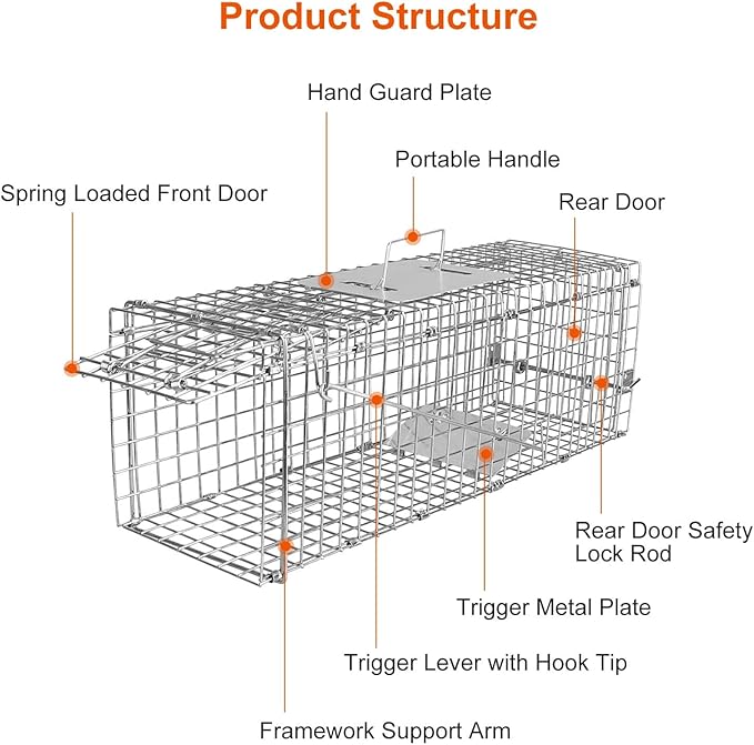 KOCASO 23.3 Live Animal Cage Trap Collapsible Galvanized Wire with Pedal Trigger Humane Trap for Stray Cats Squirrels Raccoons Mice Groundhogs (Silver)