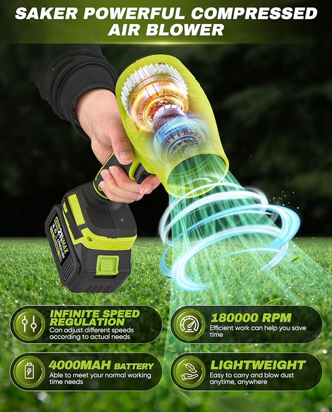 Saker Cordless Leaf Blower Portable Dust Cleaner Handheld Blowers 2 x 4.0Ah Batteries 180000 RPM Air Duster with Adjustable Speed for Drying Patio Cleaning Green