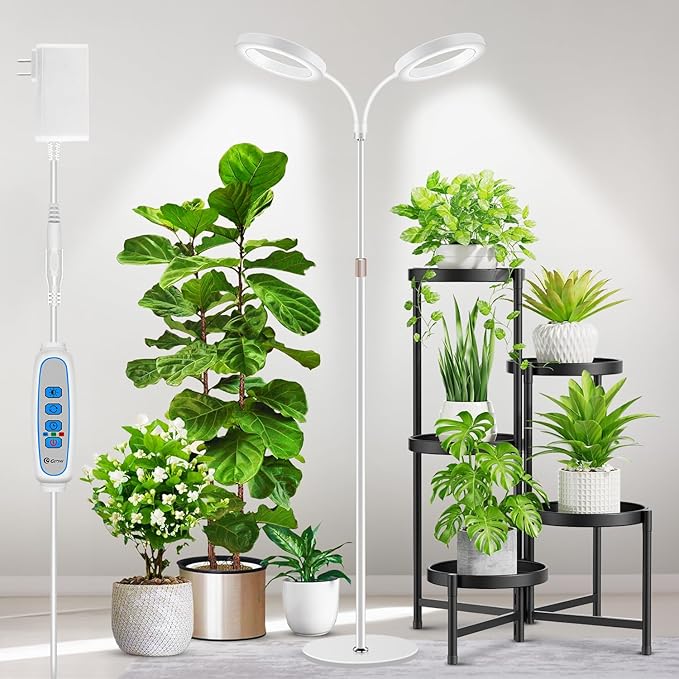 Large Plant Light for Indoor Plants 2 Head Full Spectrum Grow Light with 68 Adjustable Stand for Growing Large Tall Plants White Halo Floor LED Grow Lamp with 16 Hour Timer
