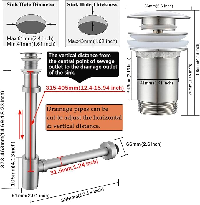 RANDOM Brushed Nickel Brass Bottle P Trap with Pop Up Drain Stopper Without Overflow11.81″ Slip Joint Extension Tube Adjustable Bathroom Basin Sink Drain Kit 1 1/4.RD83888BN-L-S8