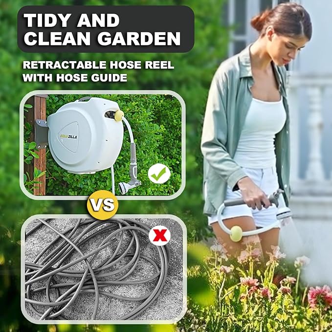 Retractable Garden Hose Reel 5/8 in 100+6 ft Heavy Duty Wall Mounted Water Hose Reel Spring Power Automatic Rewind Any Length Lock 180° Swivel Bracket 10 Pattern Spray Nozzle