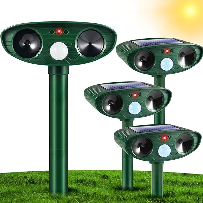 4 Pack Deer Repellent Solar Ultrasonic Animal Repeller Outdoor Racoon Squirrel Fortress Pro Waterproof Animal Deterrent Devices CatDogSkunkRabbitCoyote Deterrent for Yard Garden Farm