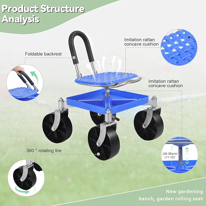 Garden Cart Rolling Stool with Four Wheels and Tool Bag 360° Rotation Stable Workseat Sturdy Cart Adjustable Seat Height &amp Direction for Outdoor Lawn Yard Patio Blue (Blue)