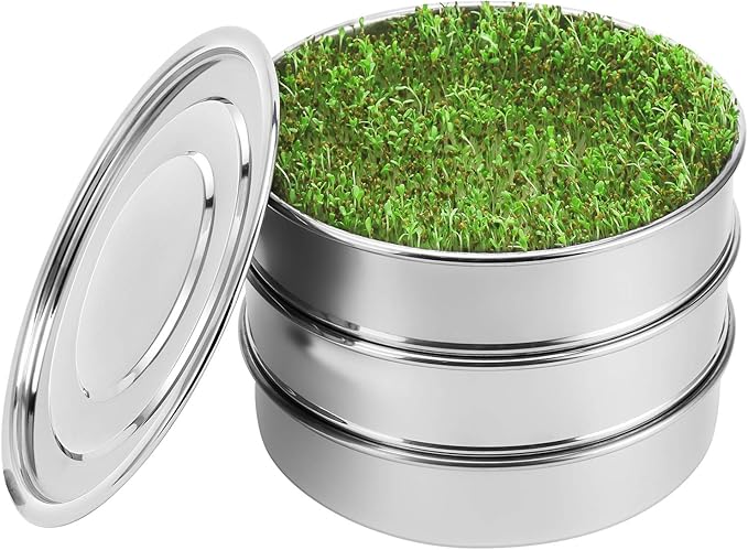 SOLIGT Stackable Stainless Steel Seed Sprouting Kit 2-Tier Mesh Sprouting Trays 1 Base and 1 Cover Lid