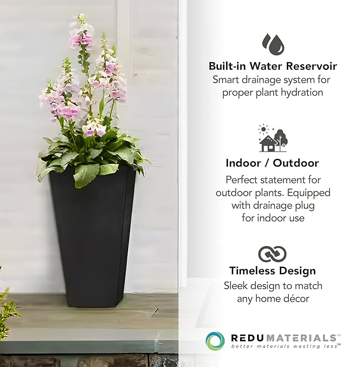 Tierra Verde 2-Pack Indoor &amp Outdoor Self-Watering Square Planters Medium Sonata Black - Planter Containers for Plants and Flowers - Gardening and Landscaping Accessories