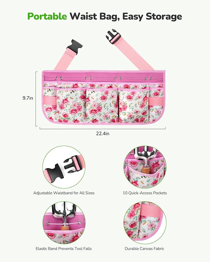 All-in-One Garden Tool Set with Tools Organizer Belt Adjustable 10-Piece Gardening Hand Tools Long Lasting Rust-Proof Premium Garden Tool Kit Gardening Gift for Women Men (Pink)